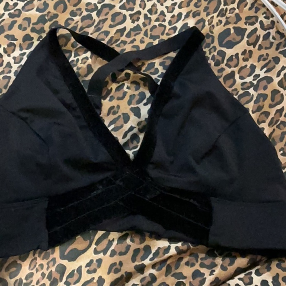 Free People Black Sports Bra w/ Black Velvet Trim & Adjustable Straps